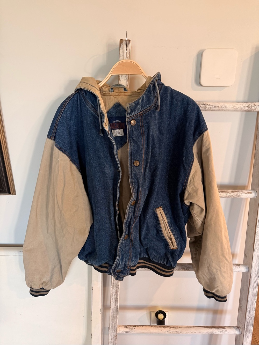 Saugatuck Vtg 90’s Co Blue Denim Tan Canvas Hood Varsity Bomber Jacket Mens XL